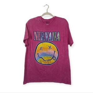 Nirvana Officially Licensed Pink Tie Dye Nevermind Smiley Grunge Band Tee